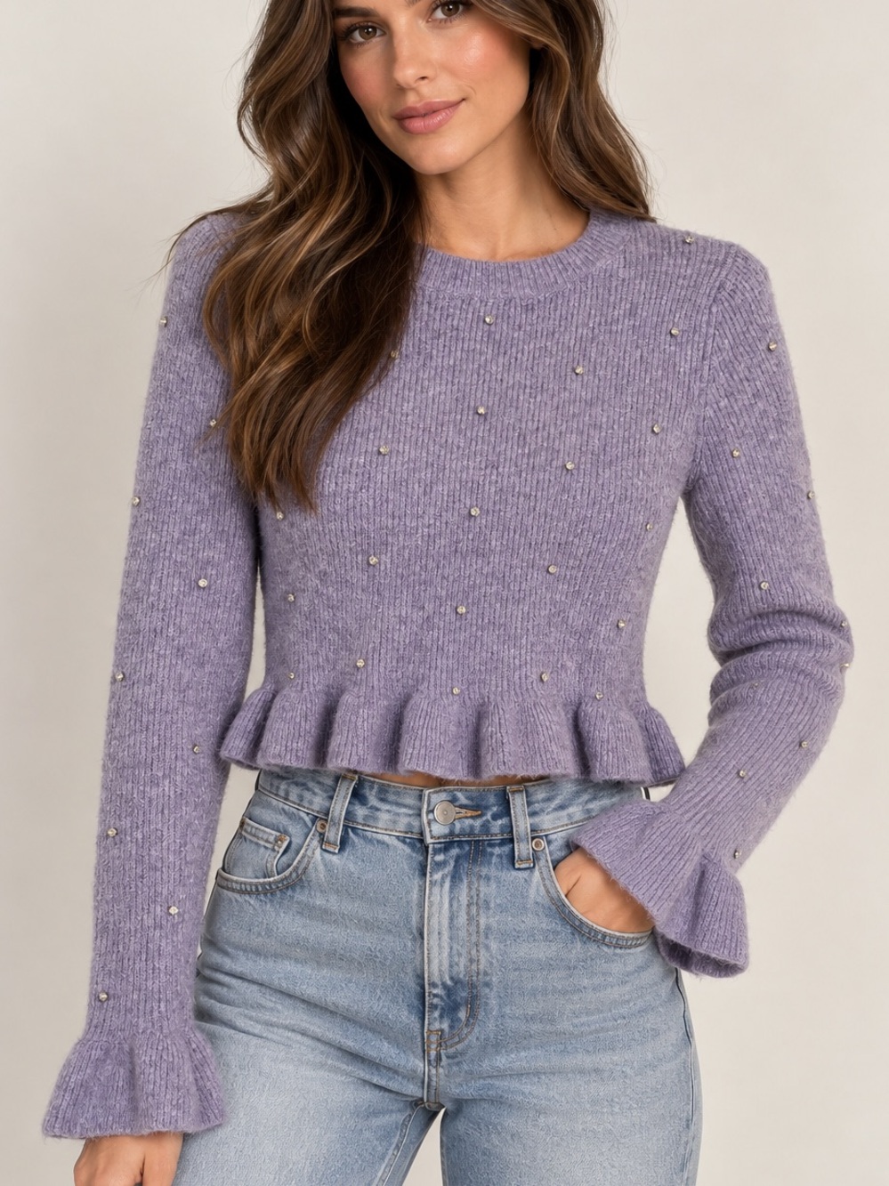 Zara Lavender Crystal Embellished Cropped Sweater Wool Blend Size S